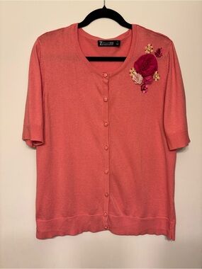 New York & Company Coral Cardigan with Floral Rosette Applique XL